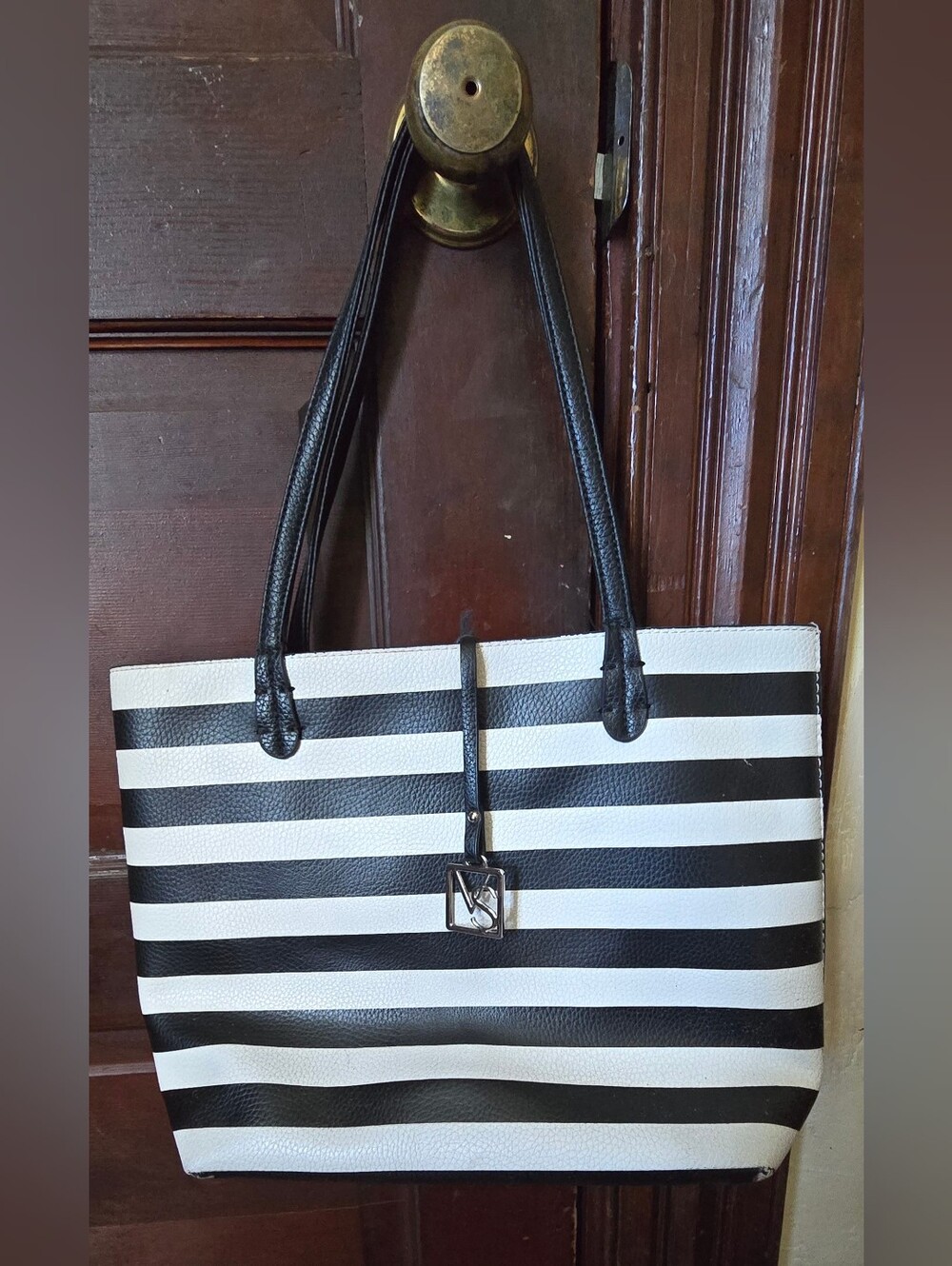 Victoria's Secret Black and White Striped Shoulder Tote